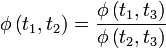  \phi
  \left(
    t_1, t_2 
  \right) = \frac{\phi
    \left(
    t_1, t_3
    \right)}{\phi
    \left(
    t_2, t_3
    \right)}