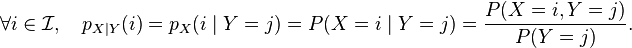 forall i in mathcal{I}, quad p_{Xmid Y}(i)= p_X(i mid Y= j)=P(X = i mid Y = j ) = frac{P(X=i ,Y=j)}{P(Y=j)}.
