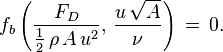 
  f_b\left( \frac{F_D}{\frac12\, \rho\, A\, u^2},\, \frac{u\, \sqrt{A}}{\nu} \right)\, =\, 0.
