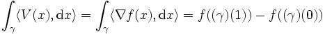  \int_\gamma \langle V(x), \mathrm{d}x \rangle = \int_\gamma \langle \nabla f(x), \mathrm{d}x \rangle = f((\gamma)(1)) - f((\gamma)(0))