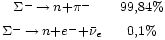 \begin{matrix}                         {}_{\Sigma^{-}\,\rightarrow\,n + \pi^-} &                         {}_{99,84%} \\                        {}_{\Sigma^{-}\,\rightarrow\,n + e^- + \bar{\nu}_e} &                         {}_{0,1%}                  \end{matrix}