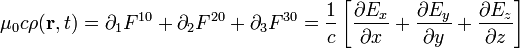 mu _0 c 
ho (mathbf{r},t)=part_1 F^{1 0}+part_2 F^{2 0}+part_3 F^{3 0} =  frac {1}{c} left [ frac{part E_x}{part x}+frac{part E_y}{part y}+frac{part E_z}{part z} 
ight ]