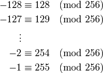 
\begin{align}
-128 & \equiv 128 \pmod{256} \-127 & \equiv 129 \pmod{256} \\vdots \-2 & \equiv 254 \pmod{256} \-1 & \equiv 255 \pmod{256} \\end{align}
