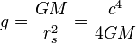 g = \frac{G M}{r_s^2} = \frac{c^4}{4 G M} \;