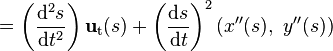  = \left(\frac{\mathrm{d}^2s}{\mathrm{d}t^2}\right)\mathbf{u}_\mathrm{t}(s) + \left(\frac{\mathrm{d}s}{\mathrm{d}t}\right) ^2 \left(x''(s),\ y''(s) \right) 