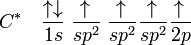  C^{*}\quad \frac{\uparrow\downarrow}{1s}\; \frac{\uparrow\,}{sp^2}\; \frac{\uparrow\,}{sp^2} \frac{\uparrow\,}{sp^2} \frac{\uparrow\,}{2p} 