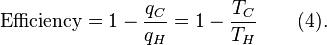 \tekstrm {
Efikeco}
= 1 - \frac {
q_C}
{
q_H}
= 1 - \frac {
T_C}
{
T_H}
\kvad (4).