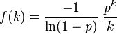 f (k) = \frac {
- 1}
{\ln (1-p)}
'\' 