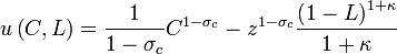 u\left (C, L \right) = \frac { 1} {1 - \sigma _c} C^ { 1-\sigma _c} - z^ { 1 - \sigma _c} \frac { \left (1 - L \right)^ { 1-+ \kappa} } {1-+ \kappa}