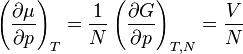 \left( \frac{\partial\mu}{\partial p} \right)_T
 =\frac{1}{N}\left( \frac{\partial G}{\partial p} \right)_{T,N}
 =\frac{V}{N}
