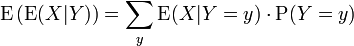 
\operatorname{E} \left( \operatorname{E}(X|Y) \right)= \sum\limits_y \operatorname{E}(X|Y=y) \cdot \operatorname{P}(Y=y)  \,