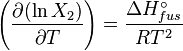 \left( \frac{\partial ( \ln X_2 ) } {\partial 
T} \right)  =  \frac {\Delta H^\circ_{fus}} {RT^2}