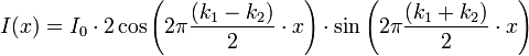 I(x) = I_0 \cdot 2 \cos \left ( 2\pi \frac{(k_1-k_2)}{2} \cdot x \right ) \cdot \sin \left ( 2\pi \frac{(k_1+k_2)}{2} \cdot x \right )