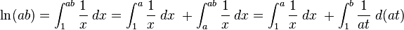 
\ln (ab)
= \int_1^{ab} \frac{1}{x} \; dx
= \int_1^a \frac{1}{x} \; dx \; + \int_a^{ab} \frac{1}{x} \; dx
=\int_1^{a} \frac{1}{x} \; dx \; + \int_1^{b} \frac{1}{at} \; d(at)
