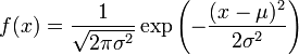  f(x) = \frac{1}{\sqrt{2\pi\sigma^2}} \exp\left( -\frac{(x-\mu)^2}{2\sigma^2} \right) 