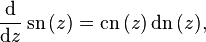 
\frac{\mathrm{d}}{\mathrm{d}z}\, \mathrm{sn}\,(z) = \mathrm{cn}\,(z)\, \mathrm{dn}\,(z),