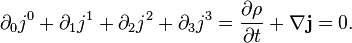 \partial_0 j^0+\partial_1 j^1+\partial_2 j^2+\partial_3 j^3= \frac{\partial \rho}{\partial t}+\nabla\mathbf{j}=0.
