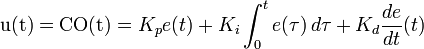 \mathrm{u(t)}=\mathrm{CO(t)}=K_p{e(t)} + K_{i}\int_{0}^{t}{e(\tau)}\,{d\tau} + K_{d}\frac{de}{dt}(t)