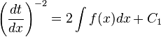 \left (\frac {
d t}
{
d x}
\right)^ {
- 2}
= 2 \int f (x) dks-+ C_1
