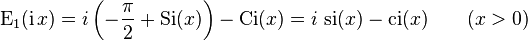 
{\rm E}_1( {\rm i}\!~ x) = i\left(-\frac{\pi}{2} + {\rm Si}(x)\right)-{\rm Ci}(x) = i~{\rm si}(x) - {\rm ci}(x) \qquad(x>0)
