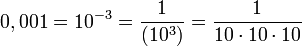 0,001 = 10^{-3} = \dfrac{1}{(10^3)} = \dfrac{1}{10 \cdot 10 \cdot 10}