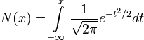 N(x)=intlimits^{x}_{-infty}frac{1}{sqrt{2pi}}e^{-t^{2}/2}dt