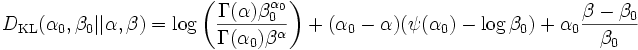 
D_{\mathrm{KL}}(\alpha_0,\beta_0 || \alpha, \beta) = \log\left(\frac{\Gamma({\alpha})\beta_0^{\alpha_0}}{\Gamma(\alpha_0)\beta^{\alpha}}\right)+(\alpha_0-{\alpha})(\psi(\alpha_0)-\log \beta_0)+\alpha_0\frac{\beta-\beta_0}{\beta_0}
