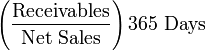 \left (\frac{\mbox{Receivables}}{\mbox{Net Sales}}\right)\mbox{365 Days}