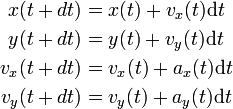 \begin{align} x(t+dt) & = x(t) + v_x(t) \mathrm{d}t \\ y(t+dt) & = y(t) + v_y(t) \mathrm{d}t \\ v_{x}(t+dt) & = v_{x}(t) + a_x(t) \mathrm{d}t \\ v_{y}(t+dt) & = v_{y}(t) + a_y(t) \mathrm{d}t \\ \end{align}