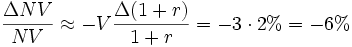 \frac{\Delta NV}{NV} \approx - V \frac{\Delta (1 + r)}{1 + r} = - 3 \cdot 2% = -6%