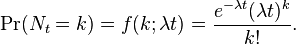 
    \Pr(N_t=k) = f(k;\lambda t) = \frac{e^{-\lambda t} (\lambda t)^k}{k!} .  
