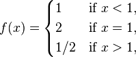 f(x) = \begin{cases} 1 & \mbox{if } x < 1,\\ 2 & \mbox{if } x = 1,\\ 1/2 & \mbox{if } x > 1, \end{cases} 
