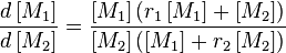 \frac {d\left [M_1 \right]}{d\left [M_2\right]}=\frac{\left [M_1\right]\left (r_1\left[M_1\right]+\left [M_2\right]\right)}{\left [M_2\right]\left (\left [M_1\right]+r_2\left [M_2\right]\right)}