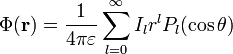 
\Phi(\mathbf{r}) =
\frac{1}{4\pi\varepsilon}
\sum_{l=0}^{\infty} I_{l} r^{l} P_{l}(\cos \theta)
