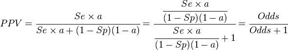 
PPV =\cfrac{Se \times a}{Se \times a+(1-Sp)(1-a)}= \cfrac{\cfrac{Se \times a}{(1-Sp)(1-a)}}{\cfrac{Se \times a}{(1-Sp)(1-a)}+1}= \cfrac{Odds}{Odds+1} 

