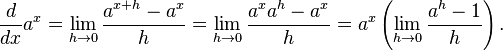 \frac{d}{dx}a^x=\lim_{h\to 
0}\frac{a^{x+h}-a^x}{h}=\lim_{h\to 
0}\frac{a^{x}a^{h}-a^x}{h}=a^x\left(\lim_{h\to 
0}\frac{a^h-1}{h}\right).