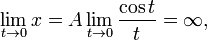 \lim_{t\to 0}x = A\lim_{t\to 0}{\cos t \over t}=\infty,