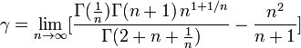  \gamma = \lim_{n \to \infty} [ \frac{ \Gamma(\frac{1}{n}) \Gamma(n+1)\, n^{1+1/n}}{\Gamma(2+n+\frac{1}{n})} - \frac{n^2}{n+1} ] 