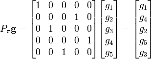 P_\pi \mathbf{g}
=
\begin{bmatrix}
1 & 0 & 0 & 0 & 0 \\
0 & 0 & 0 & 1 & 0 \\
0 & 1 & 0 & 0 & 0 \\
0 & 0 & 0 & 0 & 1 \\
0 & 0 & 1 & 0 & 0
\end{bmatrix}
\begin{bmatrix}
g_1 \\
g_2 \\
g_3 \\
g_4 \\
g_5
\end{bmatrix}
=
\begin{bmatrix}
g_1 \\
g_4 \\
g_2 \\
g_5 \\
g_3
\end{bmatrix}
