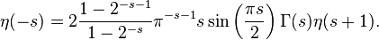 \eta (- s) = 2 \frac { 1-2^ { - s} } { 1-2^ { - s} } \pi^ { - s} s \sin\left ({ \pi s \over 2} \right) \Gamma (j) \eta (s+1).