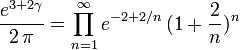  \frac{e^{3+2\gamma}}{2\, \pi} = \prod_{n=1}^\infty e^{-2+2/n}\, (1+\frac{2}{n} )^n 