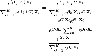 
begin{align}
frac{e^{(boldsymbolbeta_c + C) cdot mathbf{X}_i}}{sum_{k=1}^{K} e^{(boldsymbolbeta_k + C) cdot mathbf{X}_i}} &= frac{e^{boldsymbolbeta_c cdot mathbf{X}_i} e^{C cdot mathbf{X}_i}}{sum_{k=1}^{K} e^{boldsymbolbeta_k cdot mathbf{X}_i} e^{C cdot mathbf{X}_i}} \
&= frac{e^{C cdot mathbf{X}_i} e^{boldsymbolbeta_c cdot mathbf{X}_i}}{e^{C cdot mathbf{X}_i} sum_{k=1}^{K} e^{boldsymbolbeta_k cdot mathbf{X}_i}} \
&= frac{e^{boldsymbolbeta_c cdot mathbf{X}_i}}{sum_{k=1}^{K} e^{boldsymbolbeta_k cdot mathbf{X}_i}}
end{align}
