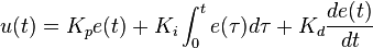 u(t) = K_p e(t) + K_i \int_{0}^{t}e(\tau)d\tau + K_d \frac{de(t)}{dt}