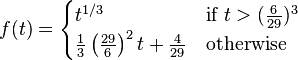 f(t) = \begin{cases}  t^{1/3} & \text{if } t > (\frac{6}{29})^3 \\  \frac13 \left( \frac{29}{6} \right)^2 t + \frac{4}{29} & \text{otherwise}\end{cases}