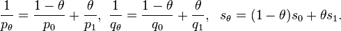 \frac 1 {
p_\theta}
= \frac {
1 - \theta}
{
p_0}
+ \frac {
\theta}
{
p_1}
, '\' 