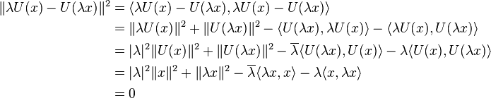 \begin{align}
\| \lambda U(x) -U(\lambda x) \|^2 