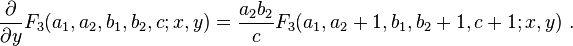 
\frac {\partial} {\partial y} F_3(a_1,a_2,b_1,b_2,c; x,y) = \frac {a_2 b_2} {c} F_3(a_1,a_2+1,b_1,b_2+1,c+1; x,y) ~.
