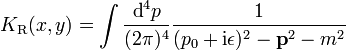 K_\mathrm R(x,y)=\int\frac{\operatorname d^4\!p}{(2\pi)^4}\frac1{(p_0+\mathrm i\epsilon)^2-\mathbf p^2-m^2}