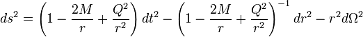  ds^2=\left(1-\frac{2M}{r}+\frac{Q^2}{r^2}\right)dt^2- \left(1-\frac{2M}{r}+\frac{Q^2}{r^2}\right)^{-1}dr^2 -r^2d\Omega^2