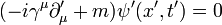 (-i\gamma^\mu\partial_\mu^\prime + m)\psi^\prime(x^\prime,t^\prime) = 0